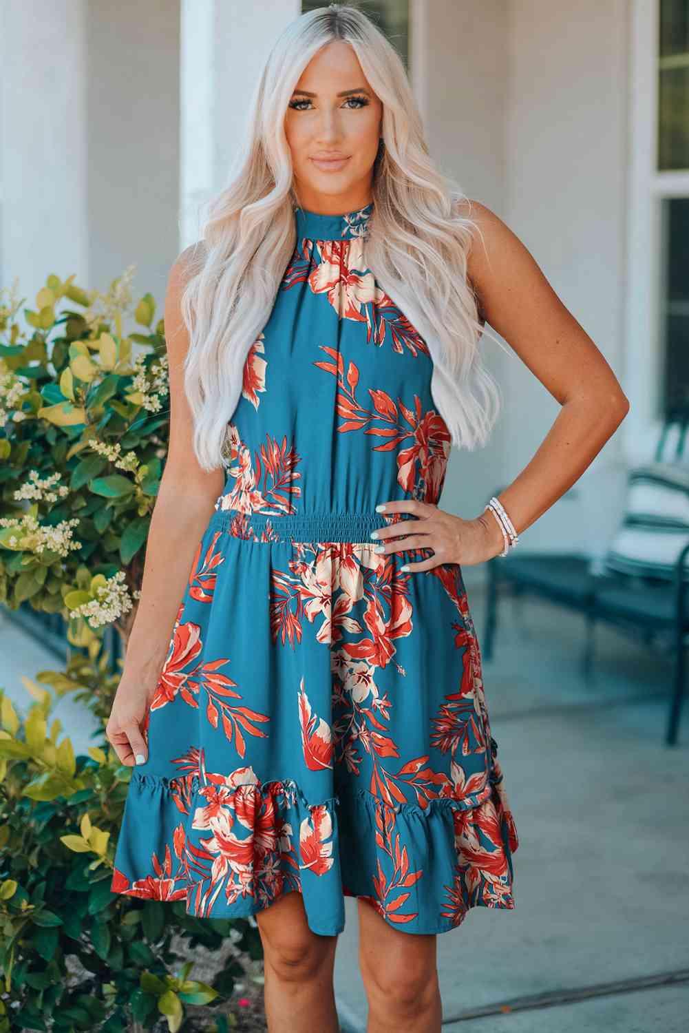 Floral Smocked Waist Sleeveless Dress - Guy Christopher