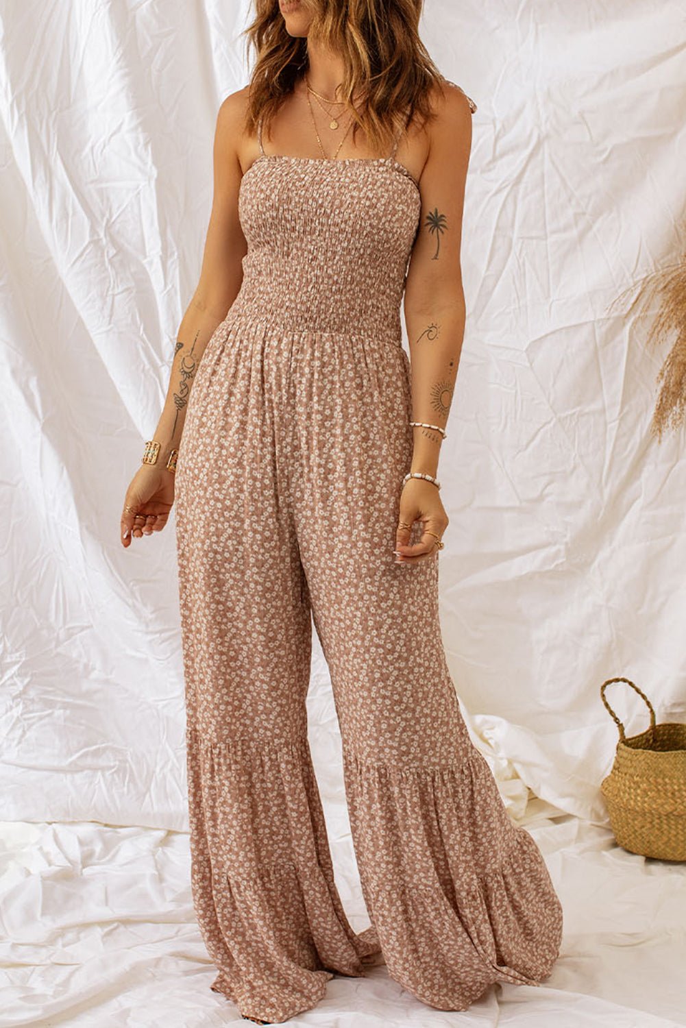 Floral Spaghetti Strap Smocked Wide Leg Jumpsuit - Awaken your Inner Romantic with Ethereal Charm - Effortlessly Embrace Whimsical Beauty - Guy Christopher