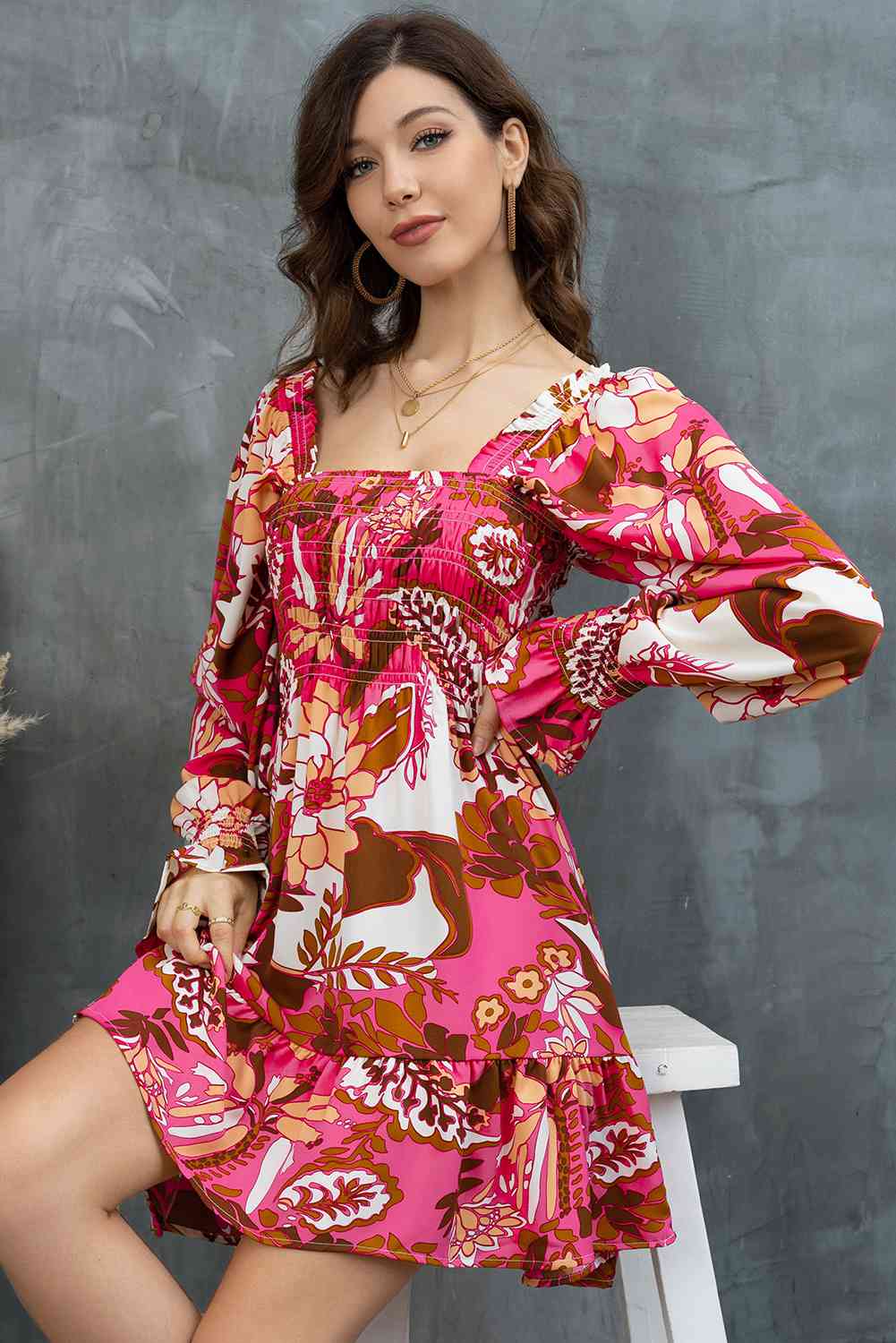 Floral Square Neck Flounce Sleeve Dress - Guy Christopher