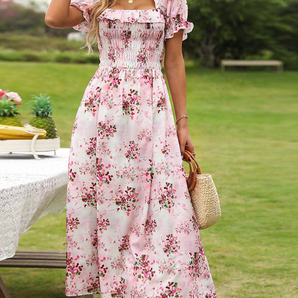 Floral Square Neck Flounce Sleeve Midi Dress - Guy Christopher