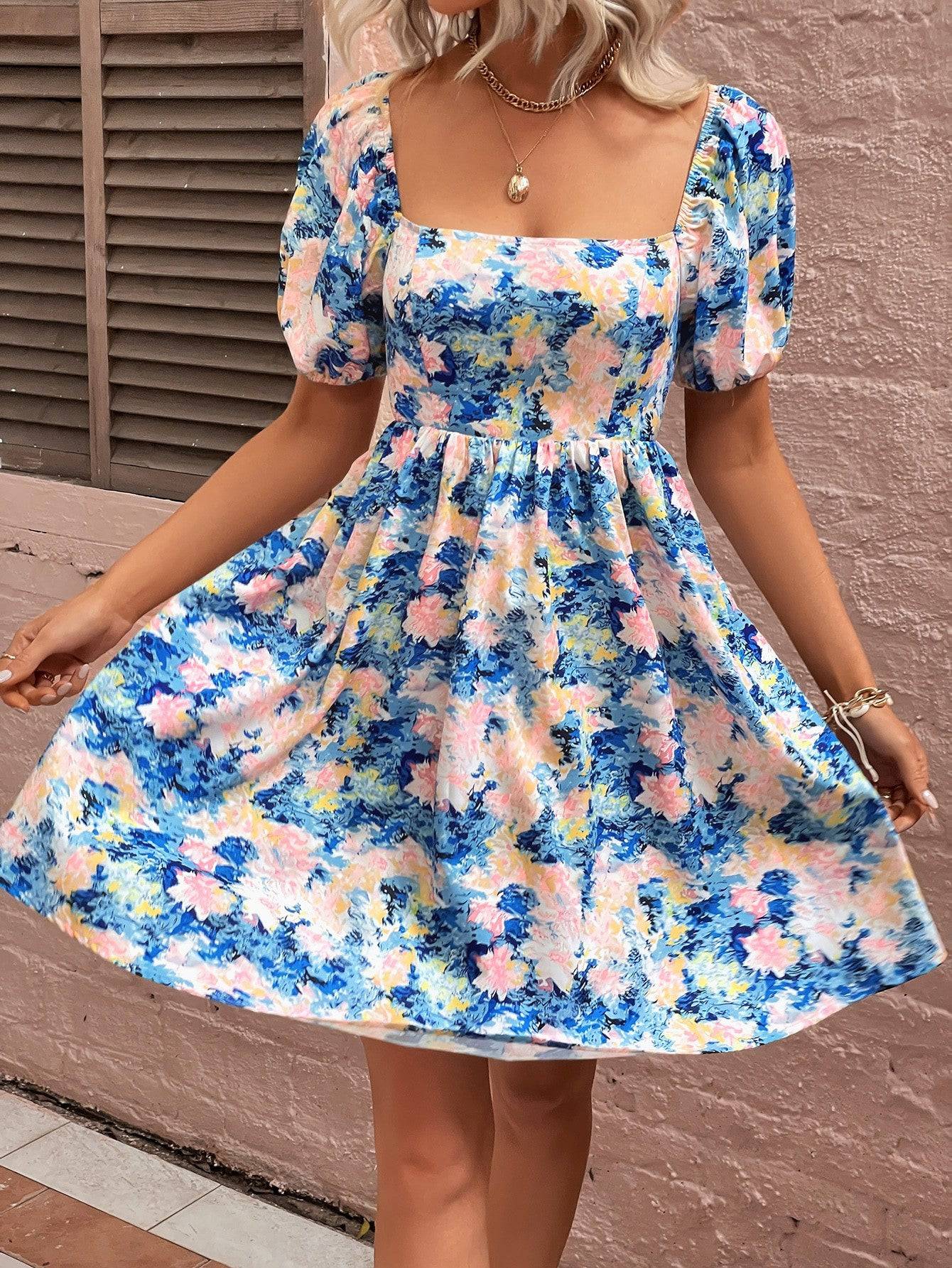 Floral Square Neck Puff Sleeve Dress - Guy Christopher