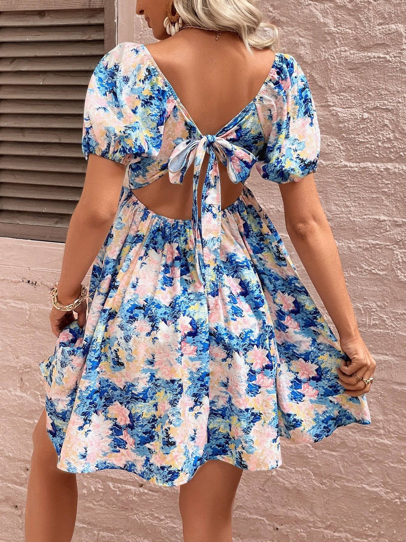 Floral Square Neck Puff Sleeve Dress - Guy Christopher