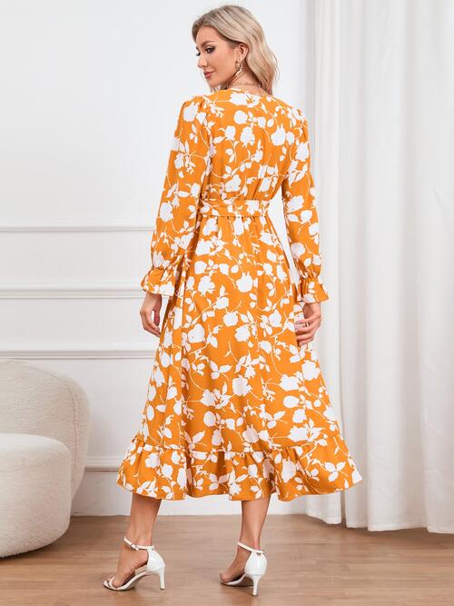 Floral Surplice Flounce Sleeve Ruffle Hem Dress - Guy Christopher