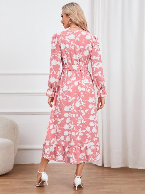 Floral Surplice Flounce Sleeve Ruffle Hem Dress - Guy Christopher