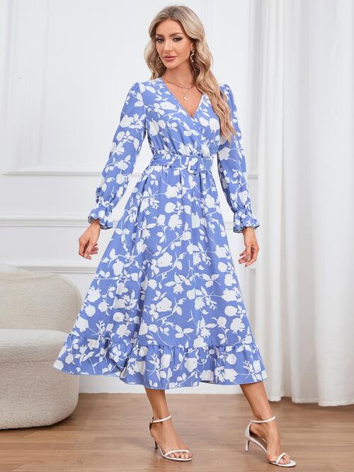 Floral Surplice Flounce Sleeve Ruffle Hem Dress - Guy Christopher