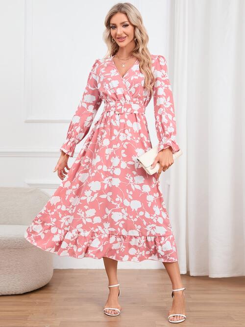 Floral Surplice Flounce Sleeve Ruffle Hem Dress - Guy Christopher