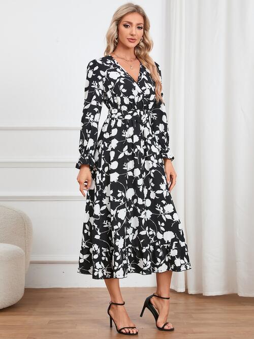 Floral Surplice Flounce Sleeve Ruffle Hem Dress - Guy Christopher