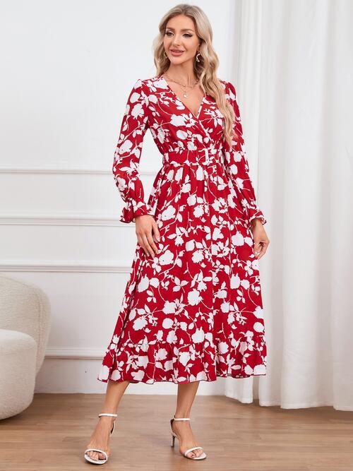 Floral Surplice Flounce Sleeve Ruffle Hem Dress - Guy Christopher