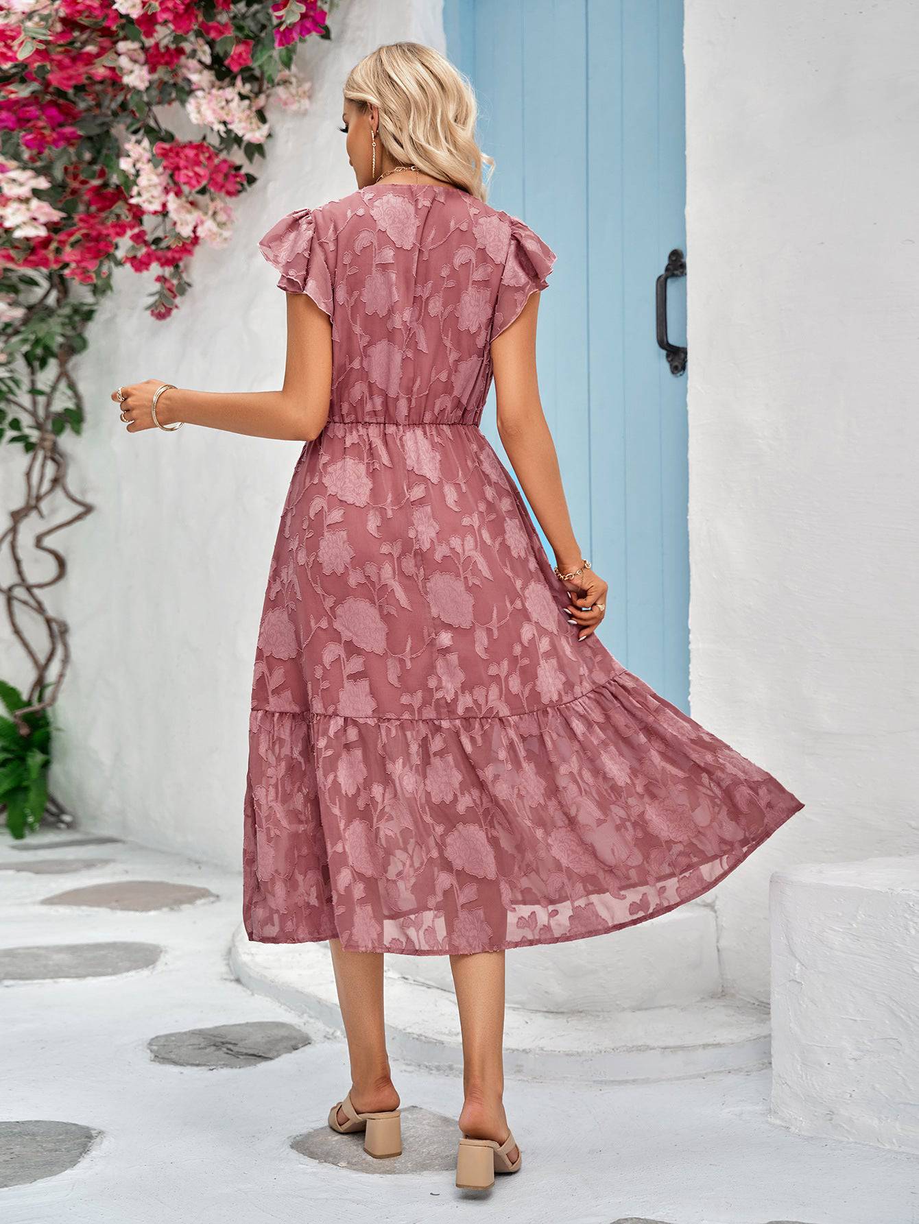 Floral Surplice Flutter Sleeve Dress - Guy Christopher