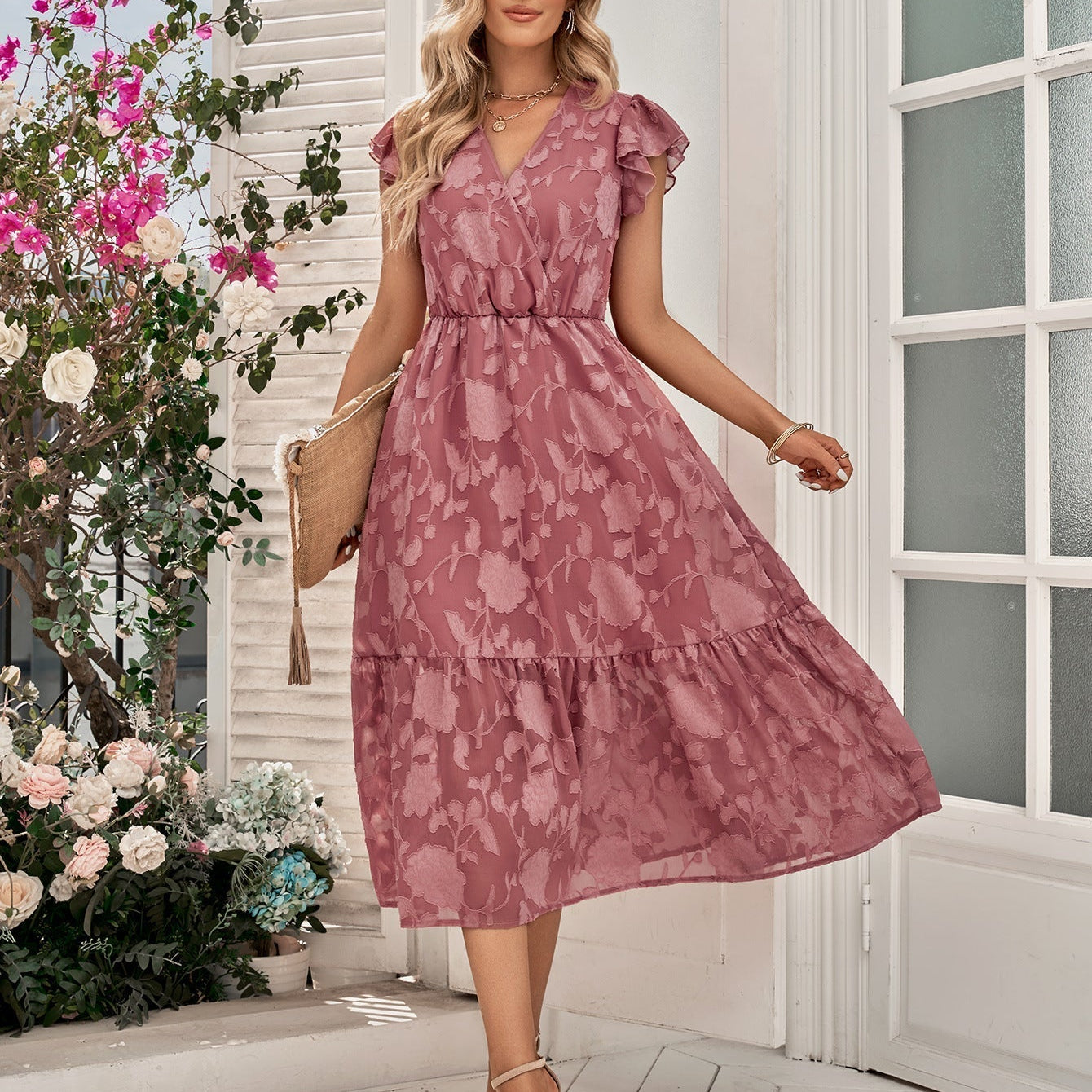 Floral Surplice Flutter Sleeve Dress - Guy Christopher