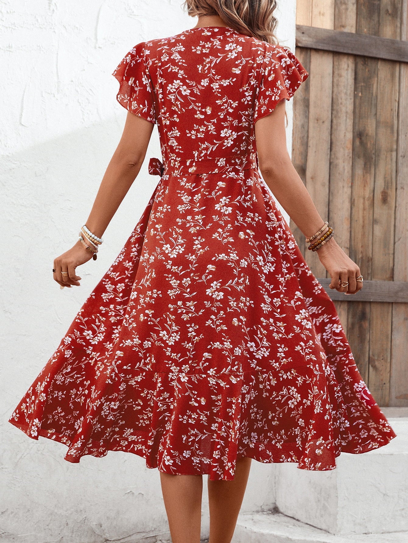 Floral Surplice Neck Flutter Sleeve Dress - Guy Christopher