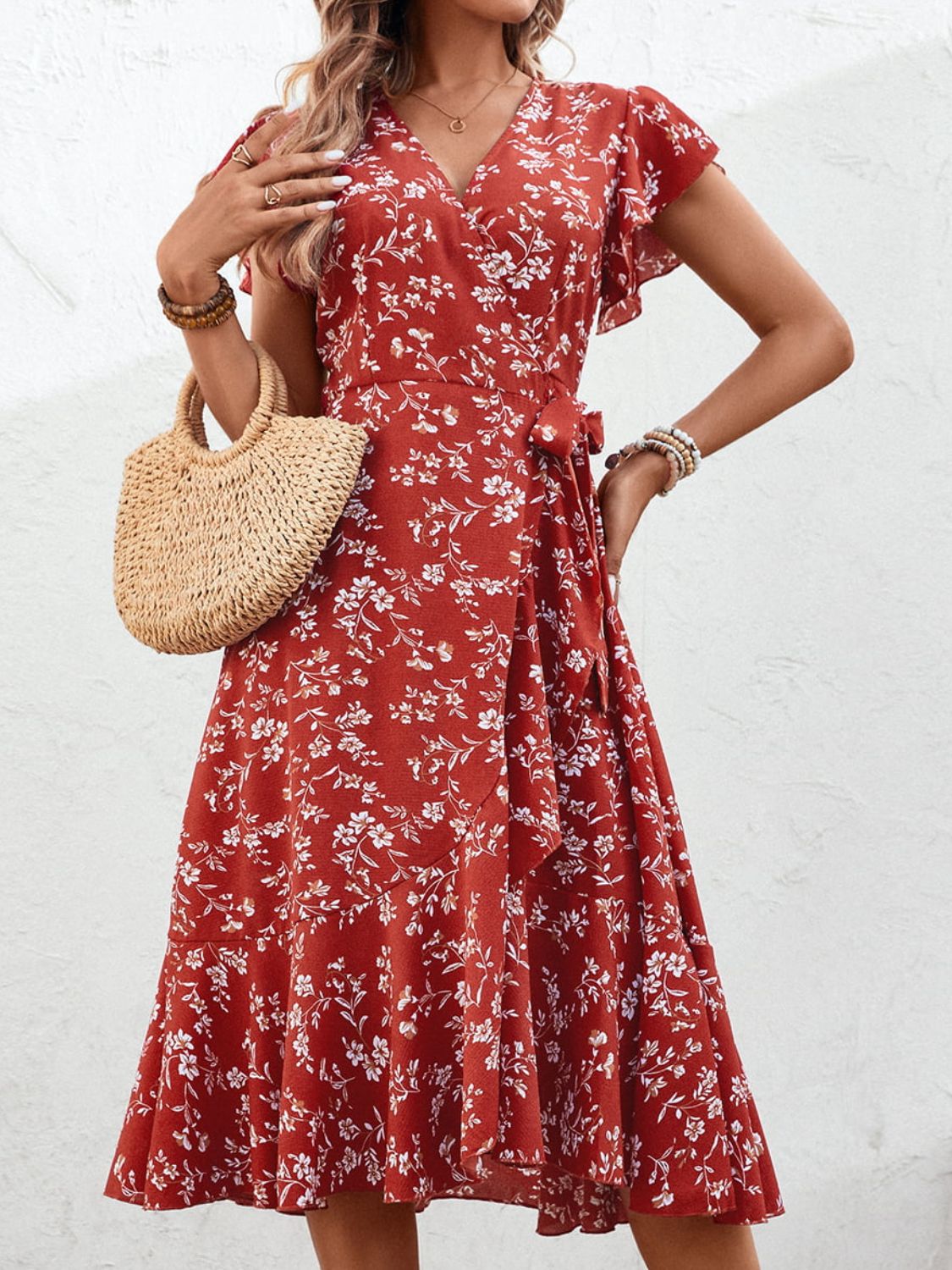 Floral Surplice Neck Flutter Sleeve Dress - Guy Christopher