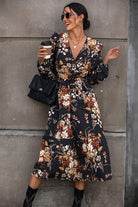 Floral Surplice Tie Front Ruffle Hem Midi Dress - Guy Christopher