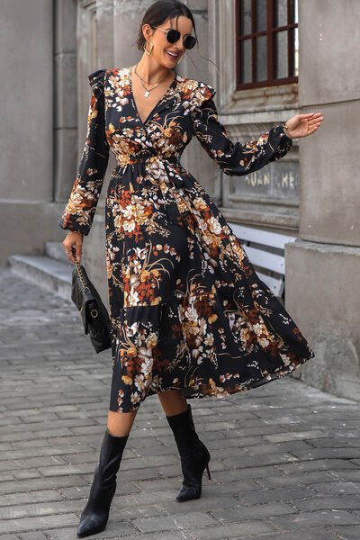 Floral Surplice Tie Front Ruffle Hem Midi Dress - Guy Christopher