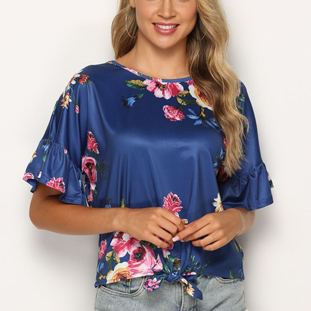 Floral Tie Hem Flounce Sleeve Top - Guy Christopher