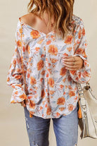 Floral Tie Neck Balloon Sleeve Blouse - Guy Christopher