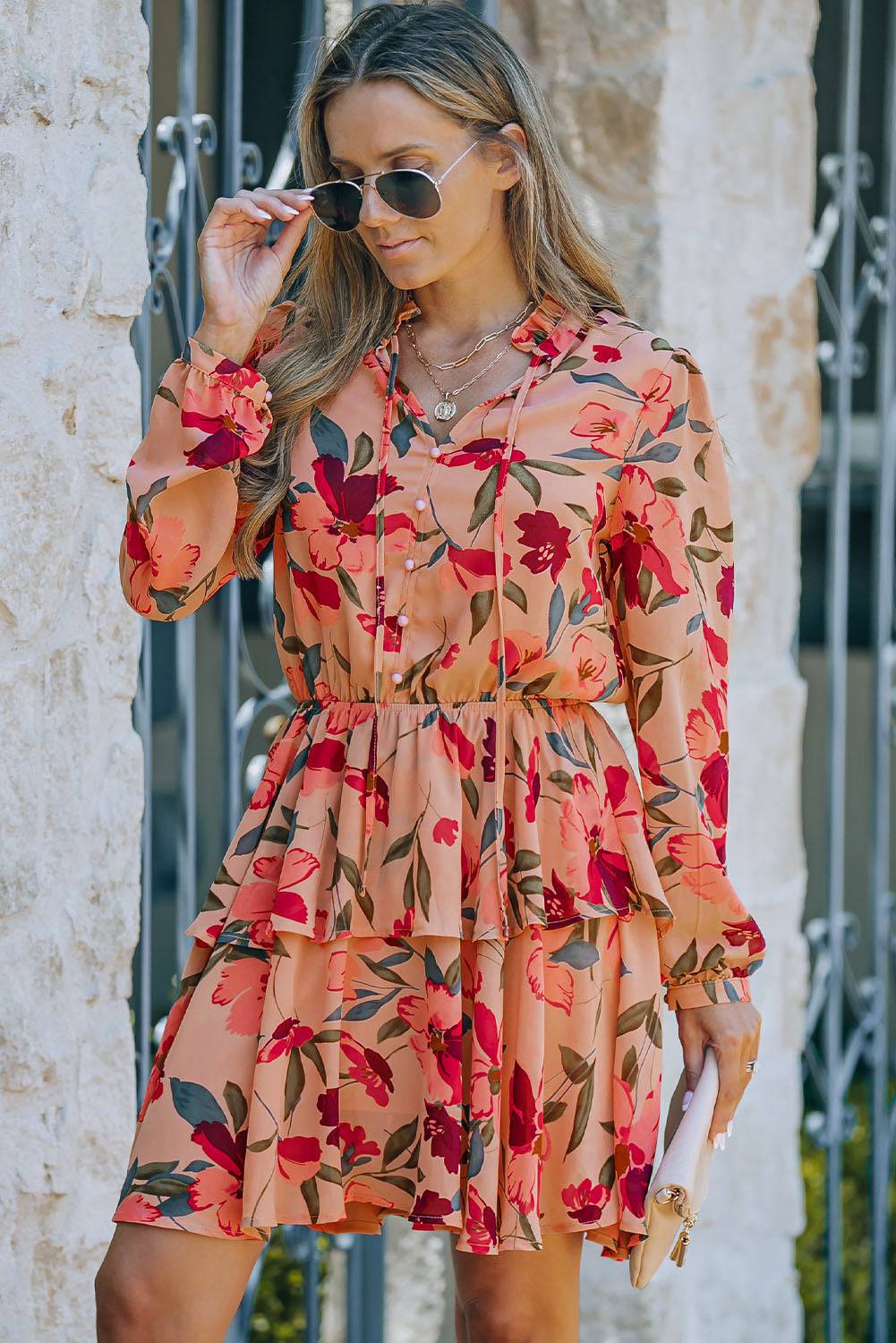 Floral Tie Neck Long Sleeve Layered Dress - Guy Christopher