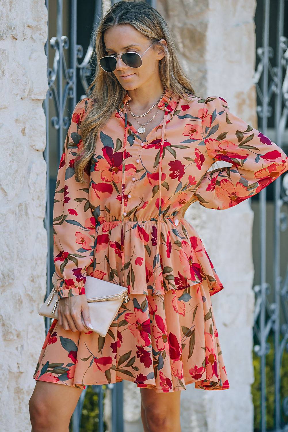 Floral Tie Neck Long Sleeve Layered Dress - Guy Christopher