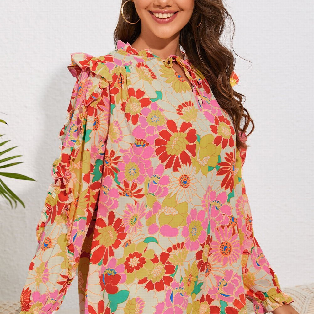 Floral Tie Neck Ruffled Blouse - Guy Christopher