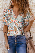 Floral Tie Neck Shoulder Detail Blouse - Guy Christopher