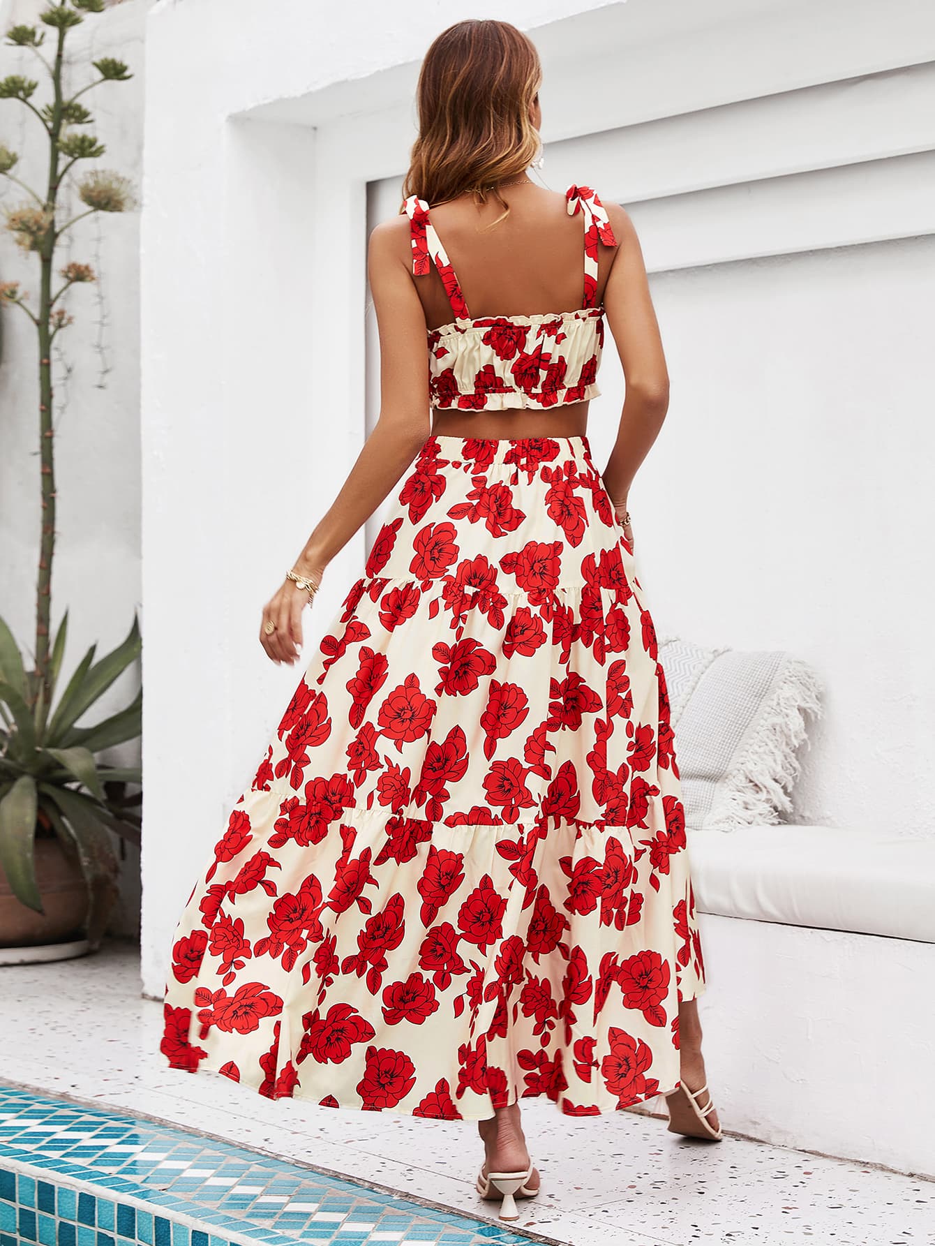 Floral Tie Shoulder Top and Tiered Maxi Skirt Set - Guy Christopher