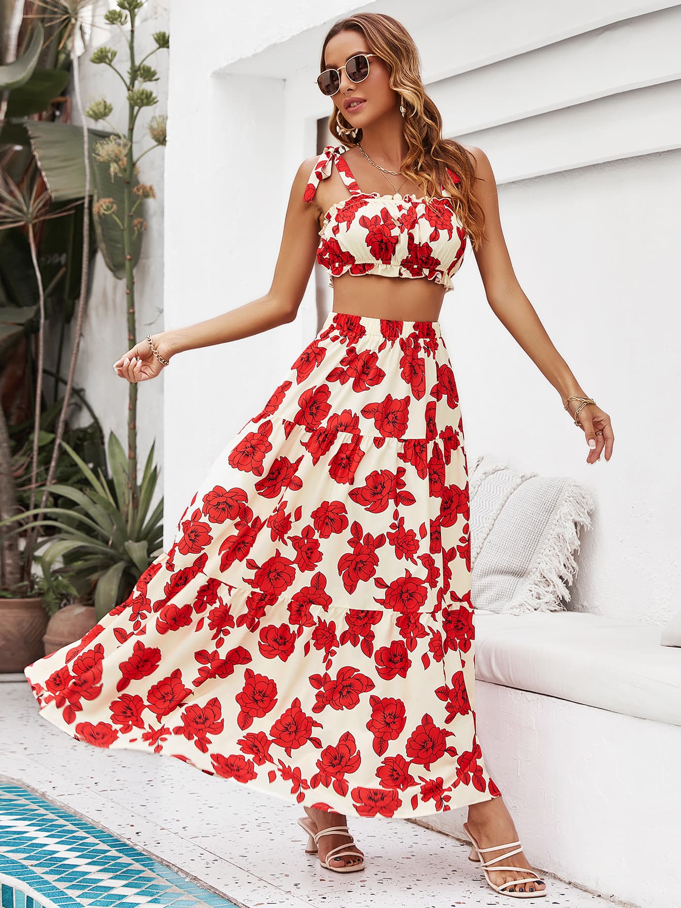 Floral Tie Shoulder Top and Tiered Maxi Skirt Set - Guy Christopher