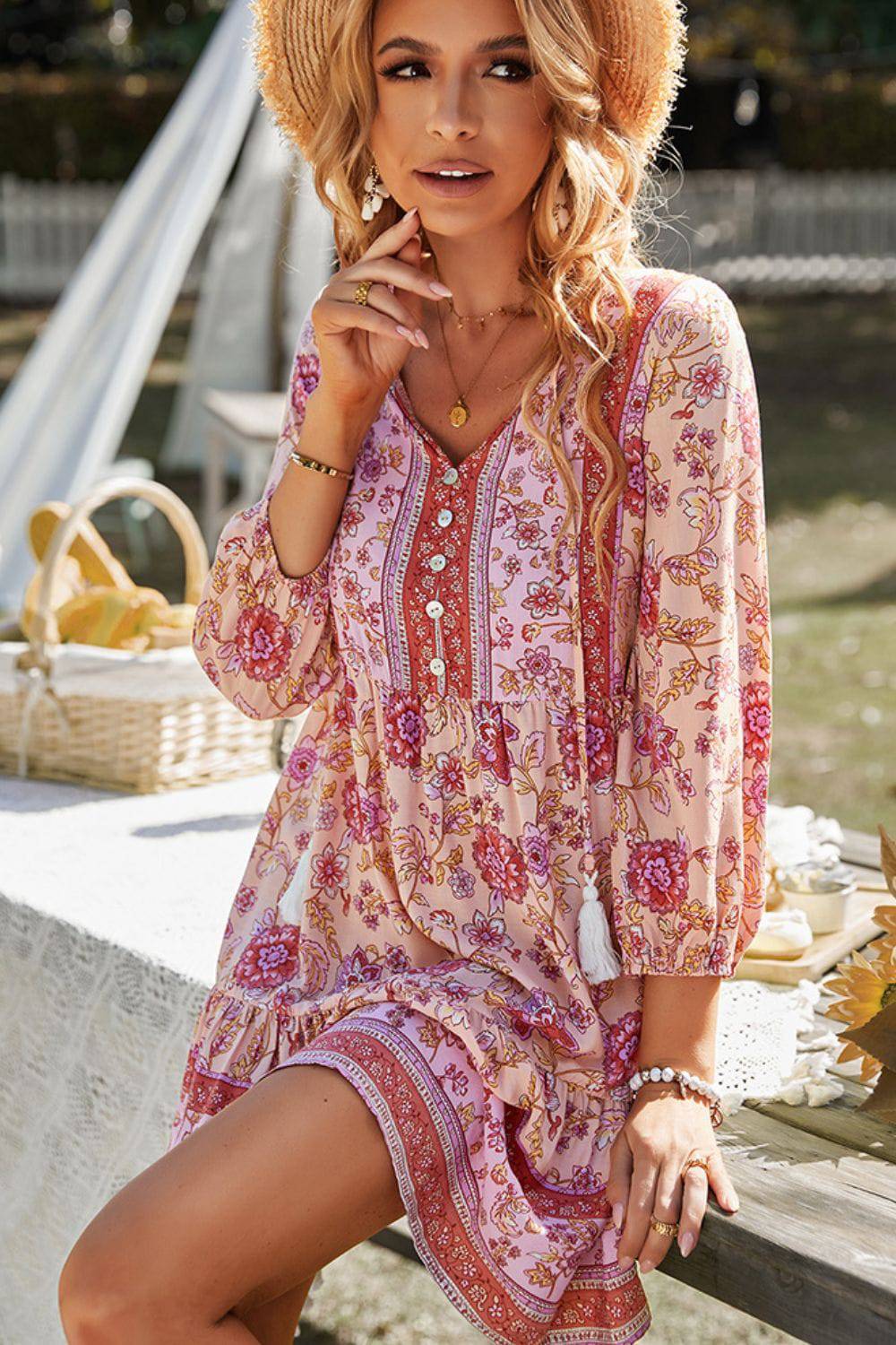 Floral Tied Balloon Sleeve Mini Dress - Guy Christopher