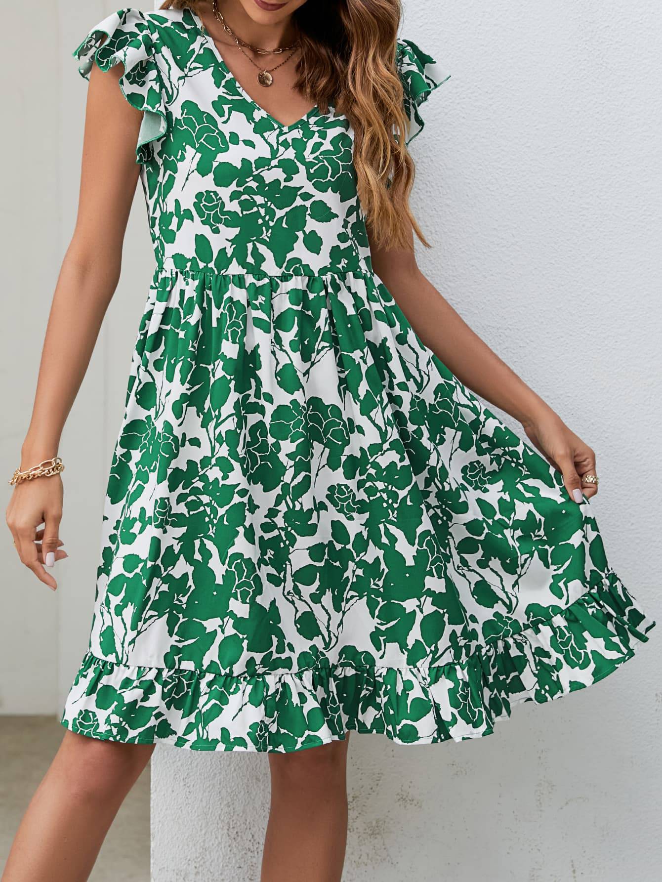 Floral V-Neck Flutter Sleeve Dress - Guy Christopher