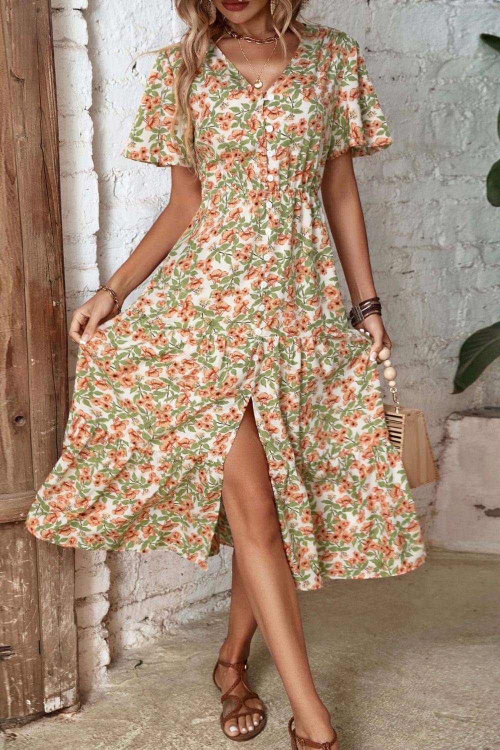 Floral V-Neck Front Slit Dress - Guy Christopher