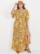 Floral V-Neck Short Sleeve Slit Dress - Guy Christopher