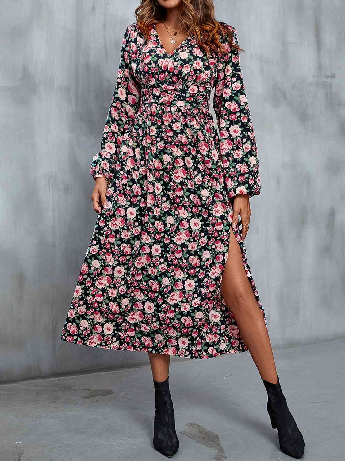 Floral V-Neck Slit Midi Dress - Guy Christopher