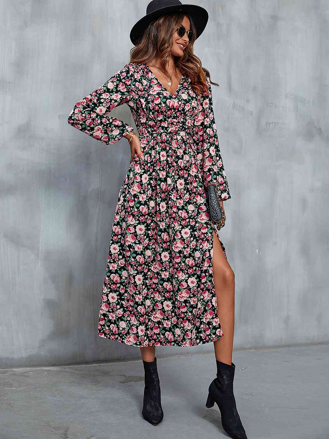 Floral V-Neck Slit Midi Dress - Guy Christopher