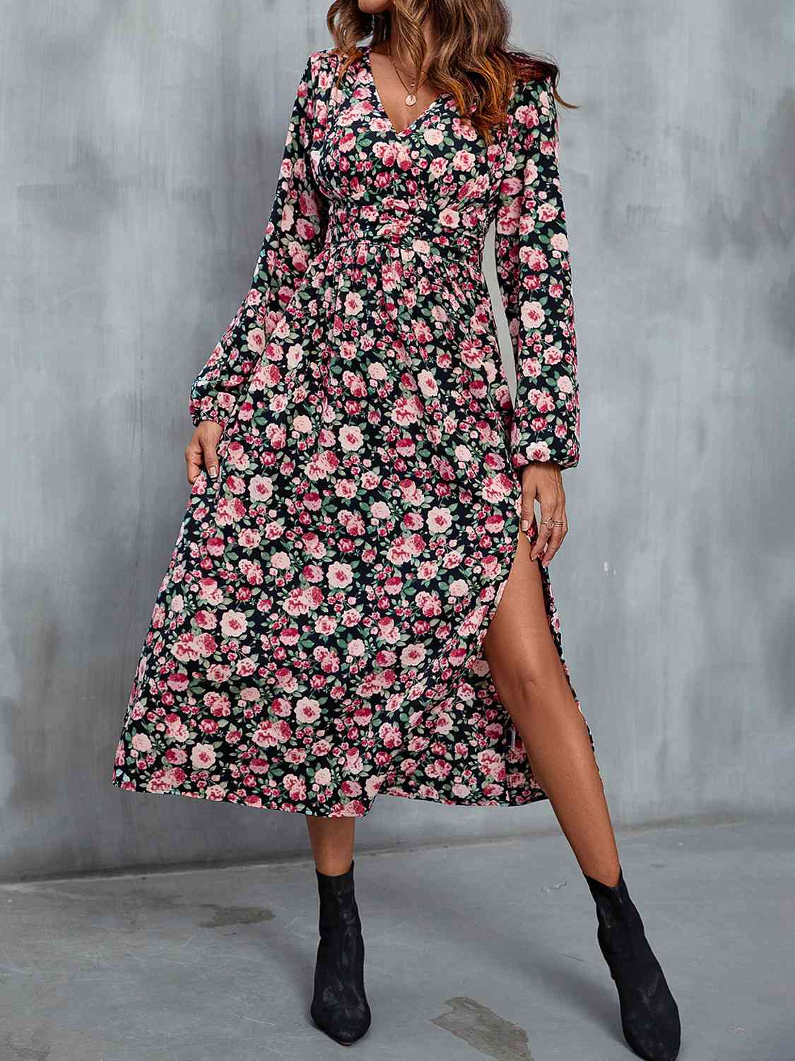 Floral V-Neck Slit Midi Dress - Guy Christopher