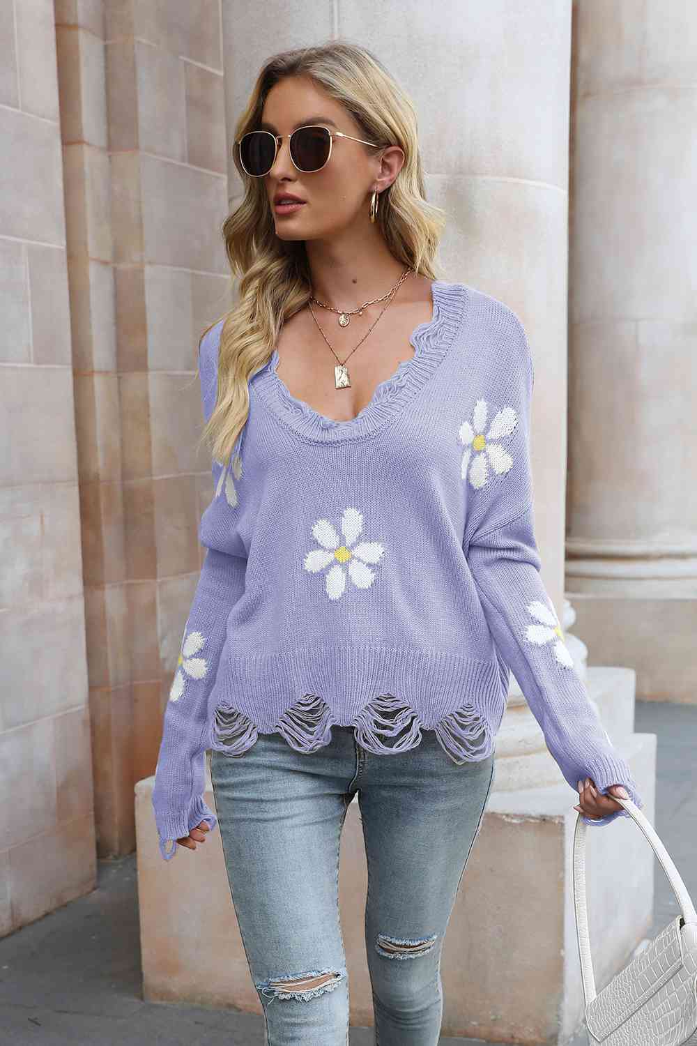 Flower Distressed Long Sleeve Sweater - Guy Christopher