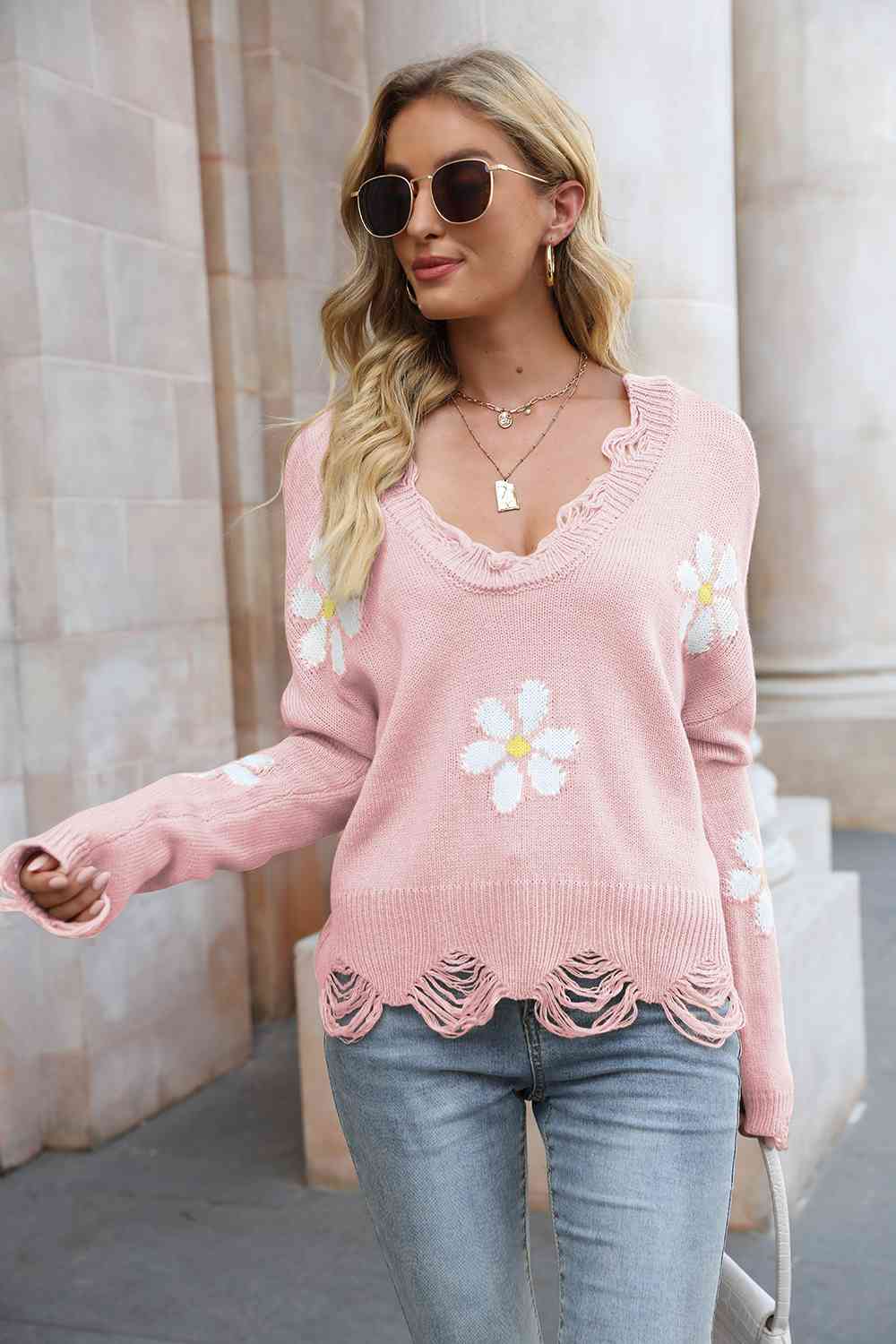 Flower Distressed Long Sleeve Sweater - Guy Christopher