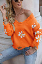 Flower Distressed Long Sleeve Sweater - Guy Christopher