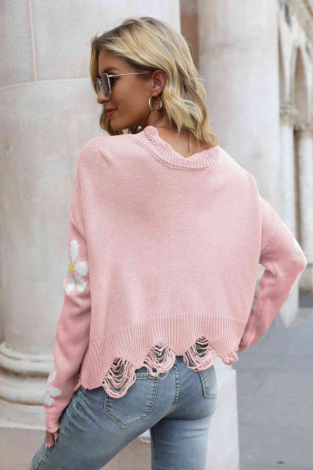 Flower Distressed Long Sleeve Sweater - Guy Christopher