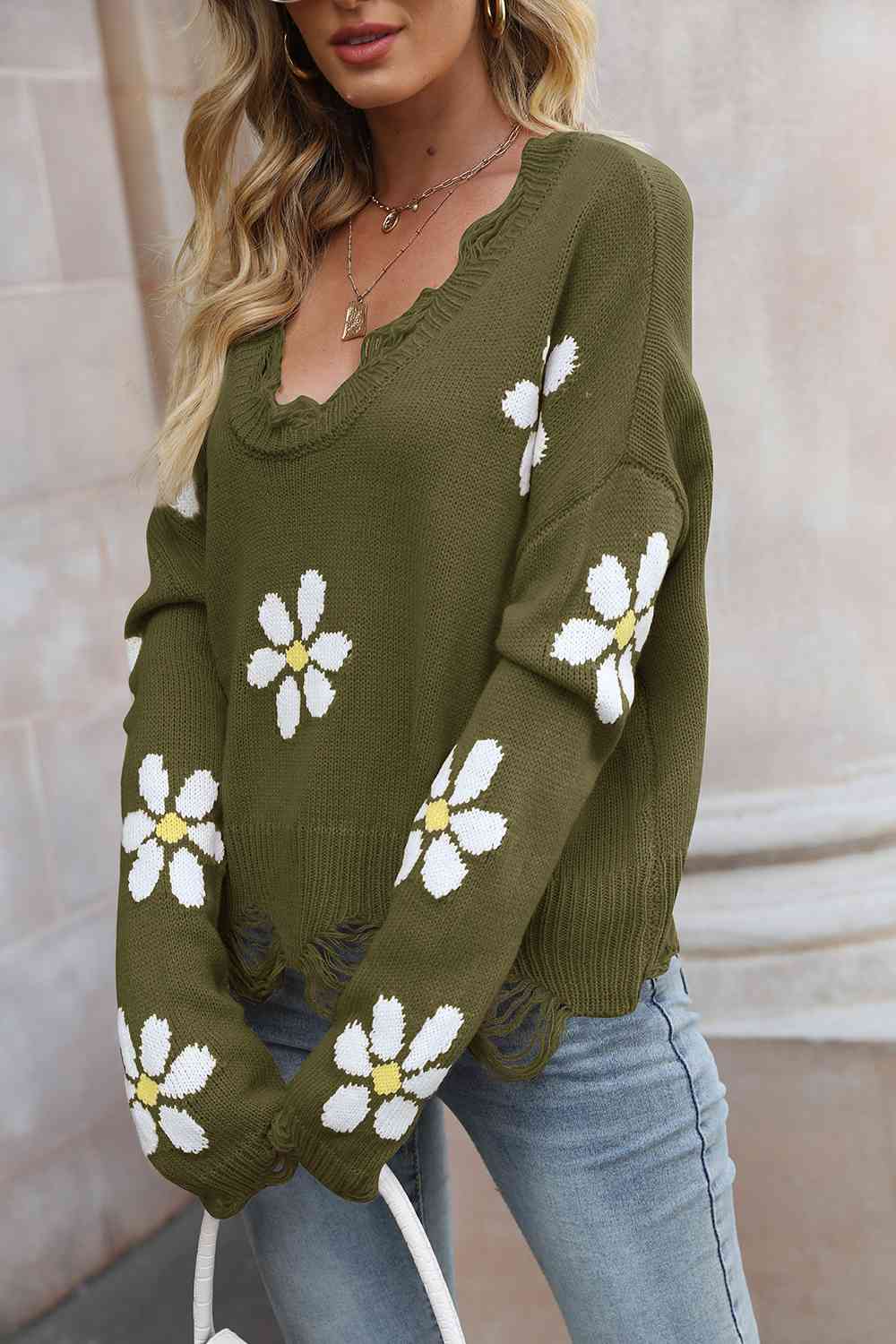 Flower Distressed Long Sleeve Sweater - Guy Christopher