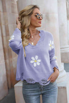 Flower Distressed Long Sleeve Sweater - Guy Christopher