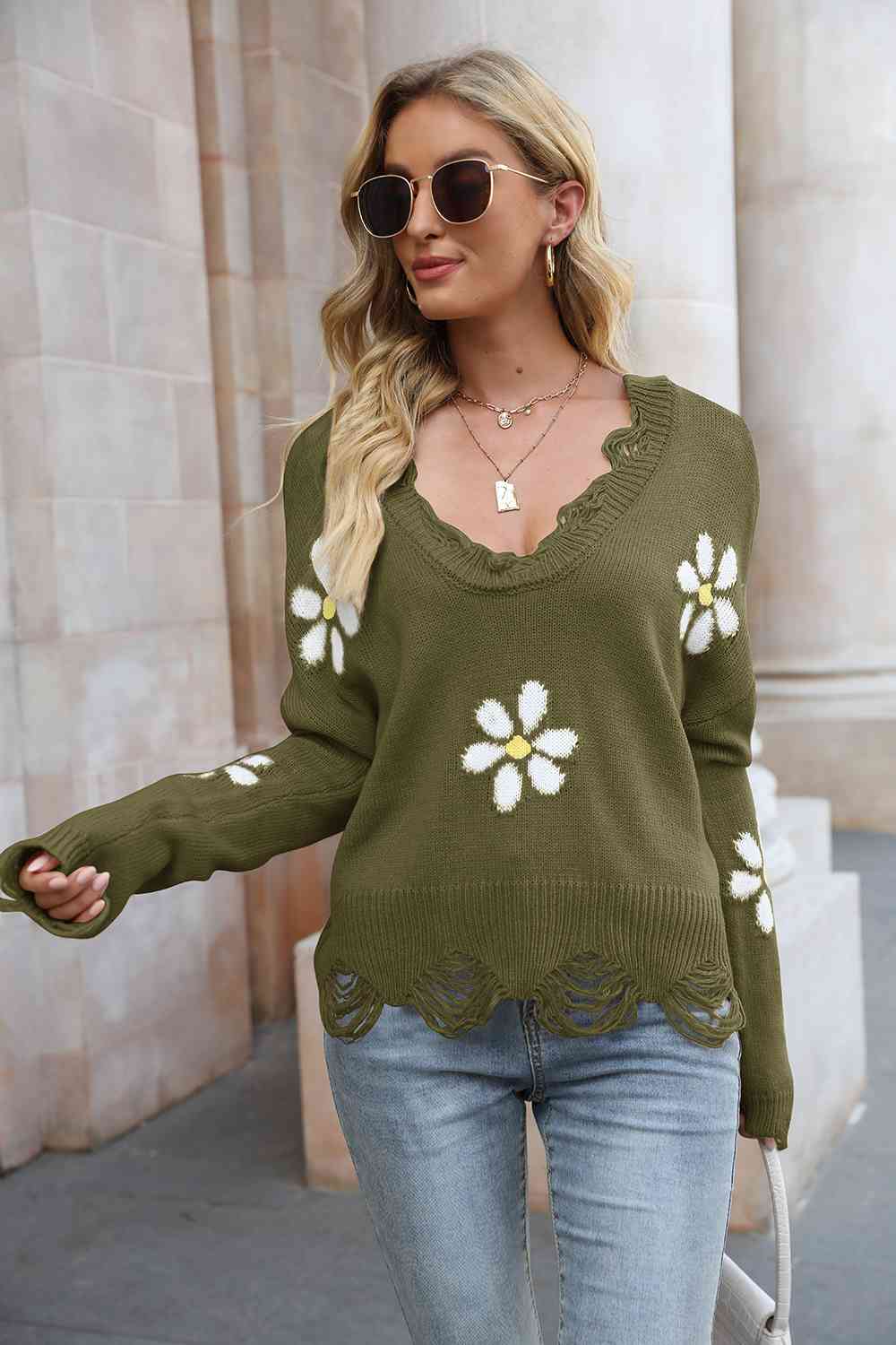 Flower Distressed Long Sleeve Sweater - Guy Christopher