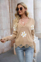 Flower Distressed Long Sleeve Sweater - Guy Christopher