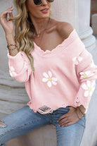 Flower Distressed Long Sleeve Sweater - Guy Christopher