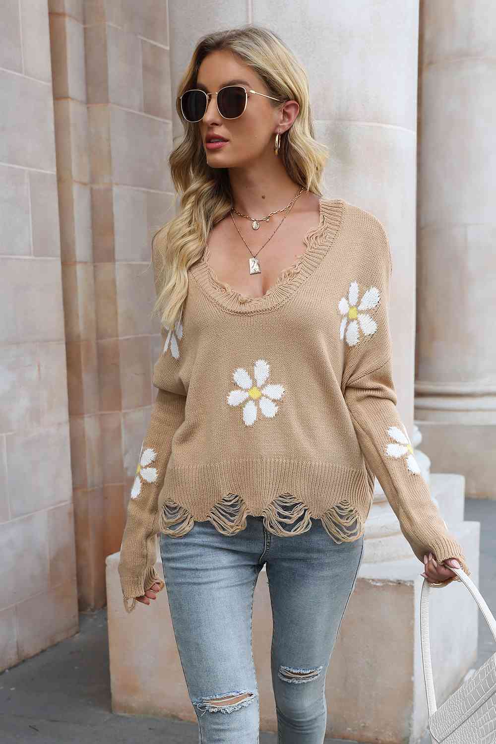 Flower Distressed Long Sleeve Sweater - Guy Christopher