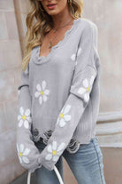 Flower Distressed Long Sleeve Sweater - Guy Christopher