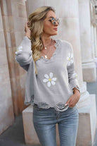 Flower Distressed Long Sleeve Sweater - Guy Christopher