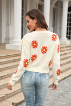 Flower Pattern Round Neck Short Sleeve Pullover Sweater - Guy Christopher