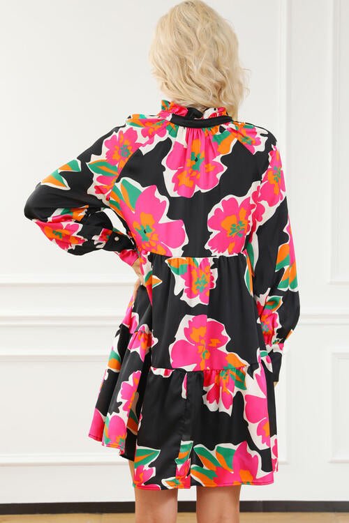 Flower Print Notched Ruffle Hem Dress - Guy Christopher