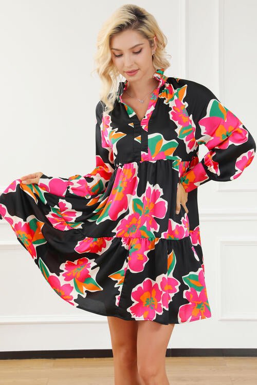 Flower Print Notched Ruffle Hem Dress - Guy Christopher