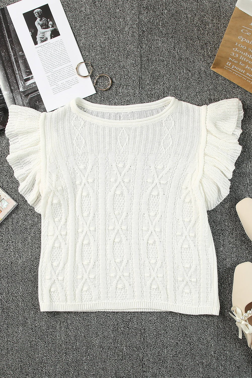 Flutter Sleeve Pompom Detail Knit Top - Guy Christopher