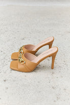 Forever Link Single Strap Chain Detail Mule Heels in Tan - Guy Christopher
